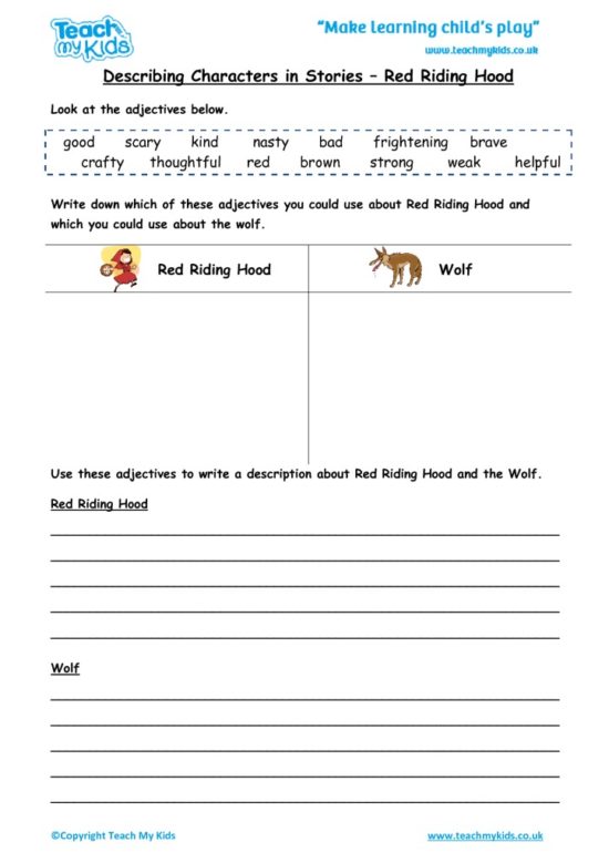 Worksheets for kids - describing-characters-in-a-story-red-riding-hood